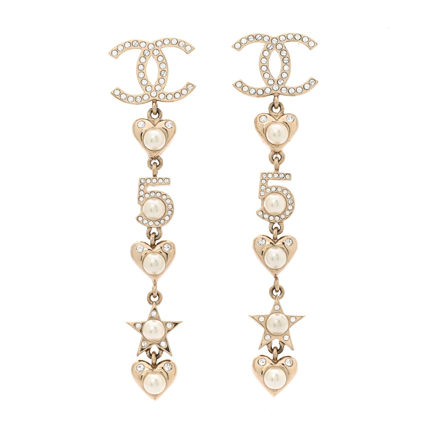 Chanel Crystal Pearl Charming Winter CC Star Heart Drop Earrings Gold 1 of 6