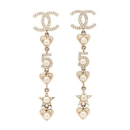 Chanel Crystal Pearl Charming Winter CC Star Heart Drop Earrings Gold 1 of 6