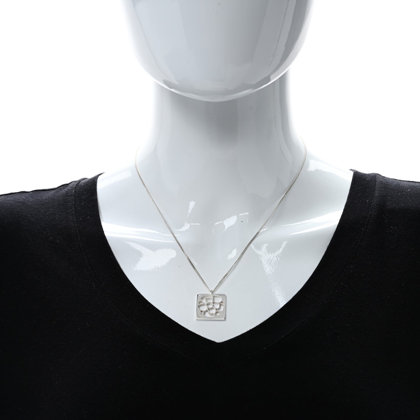 Sterling Silver Camellia Square Pendant Necklace
