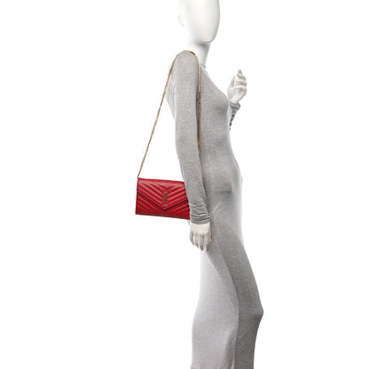 Saint Laurent Grain De Poudre Matelasse Chevron Monogram Chain Wallet Red 2 of 12
