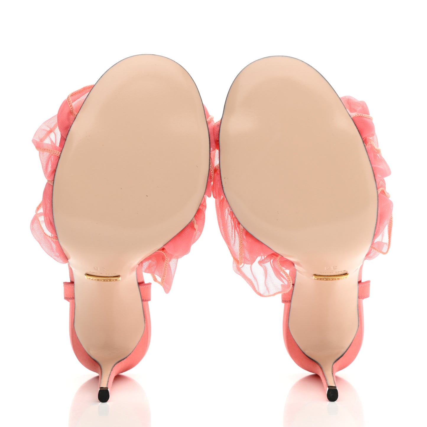 Tulle Ruffle High Heel Slingback Sandals 38 Peach White