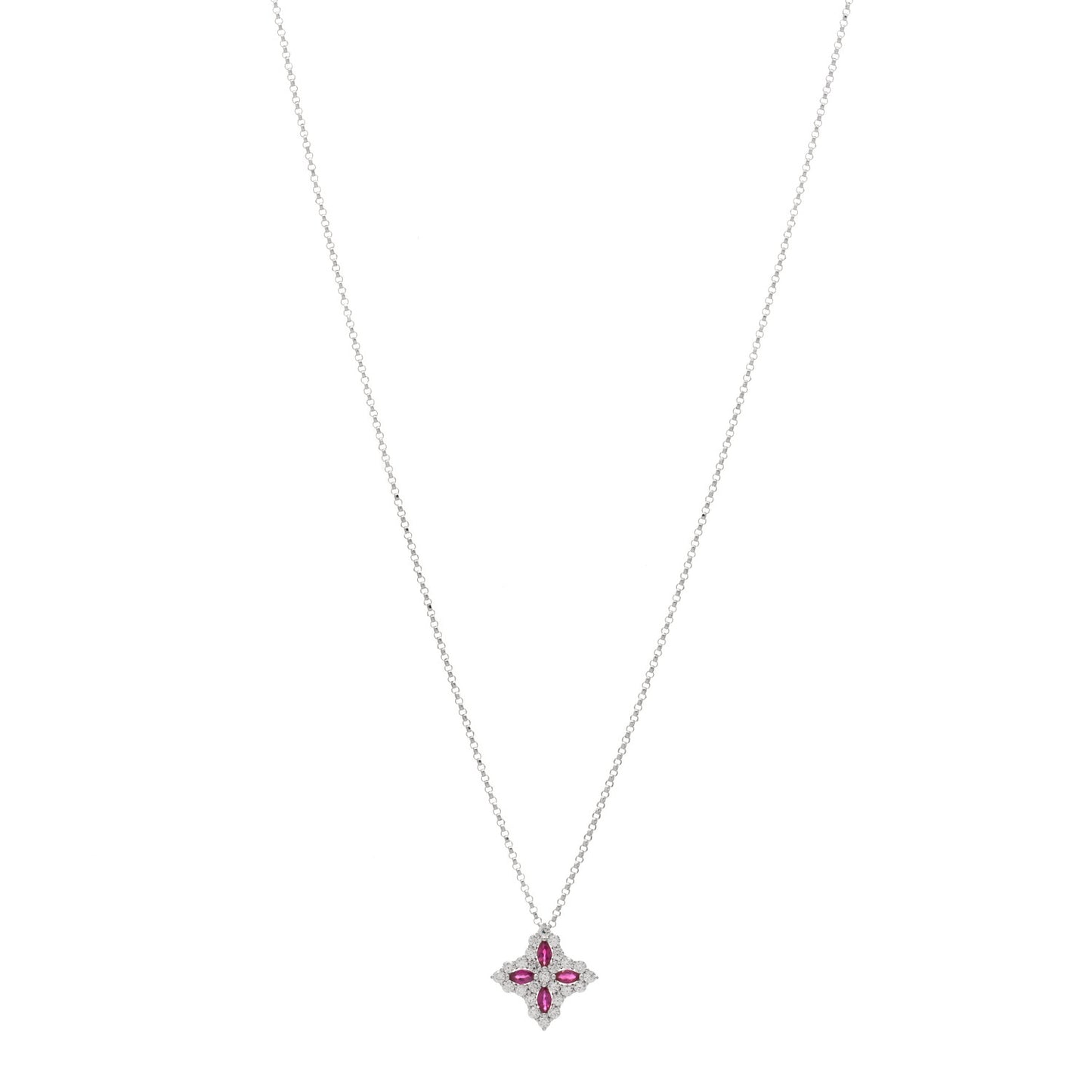 18K White Gold Diamond Ruby Princess Flower Pendant Necklace