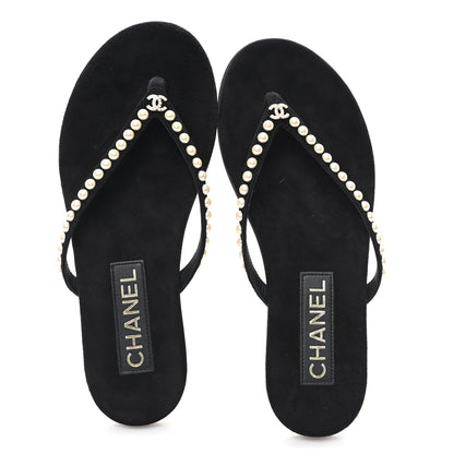 Chanel Suede Pearl Strass CC Thong Sandals 35.5 Black 2 of 8