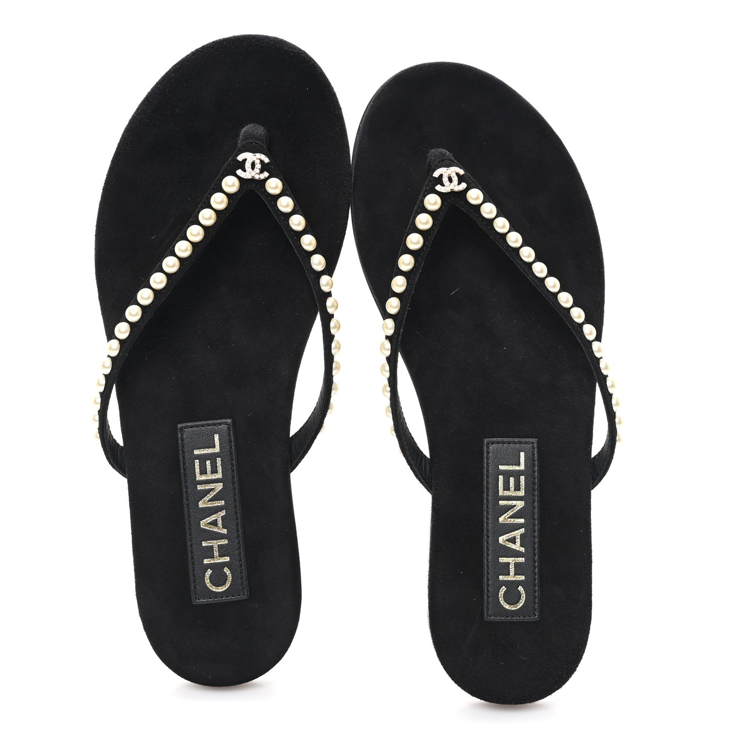 Suede Pearl Strass CC Thong Sandals 35.5 Black