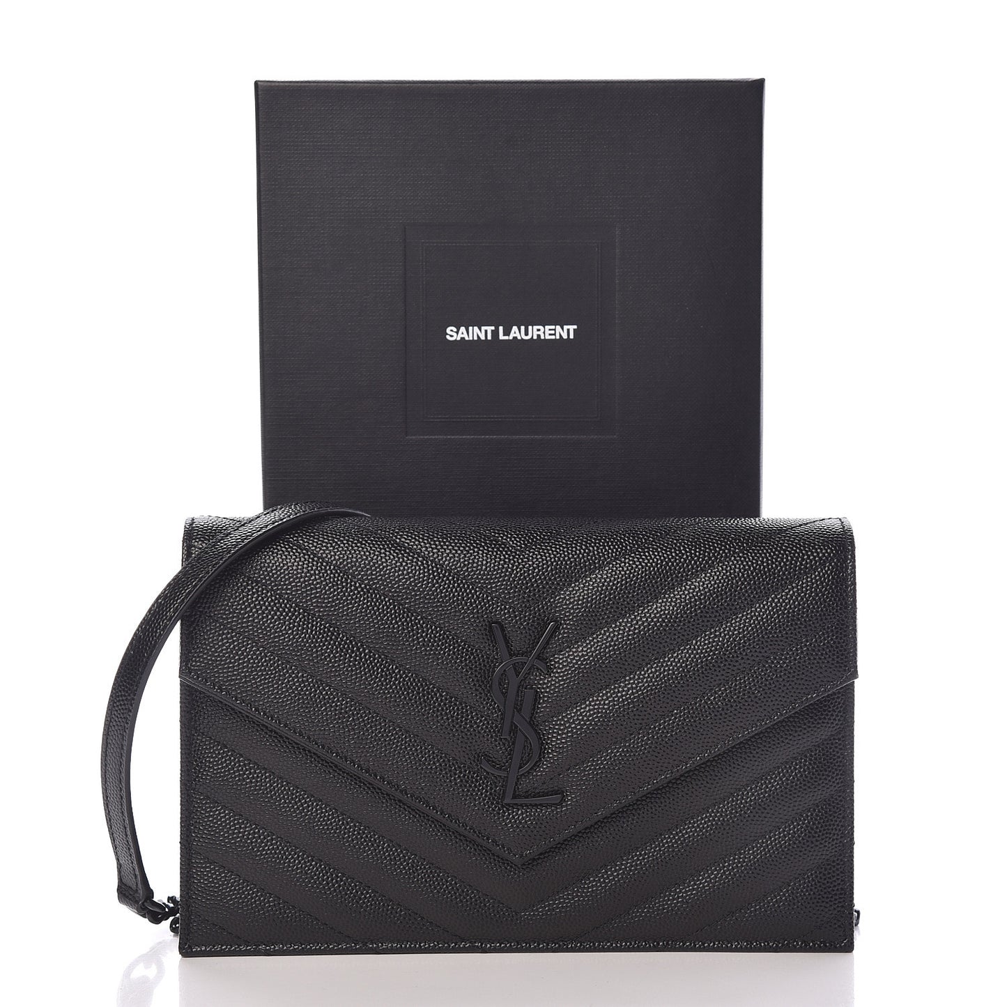 Grain De Poudre Matelasse Chevron Monogram Envelope Chain Wallet Black