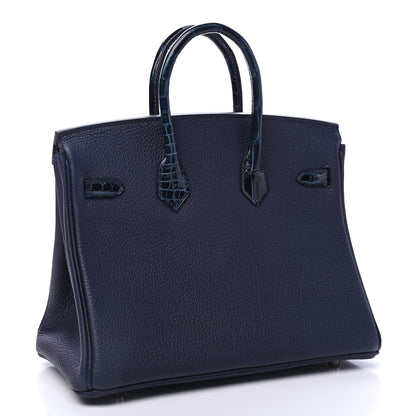 Hermes Togo Shiny Niloticus Crocodile Birkin Touch 25 Bleu Nuit Bleu Baltique 2 of 14
