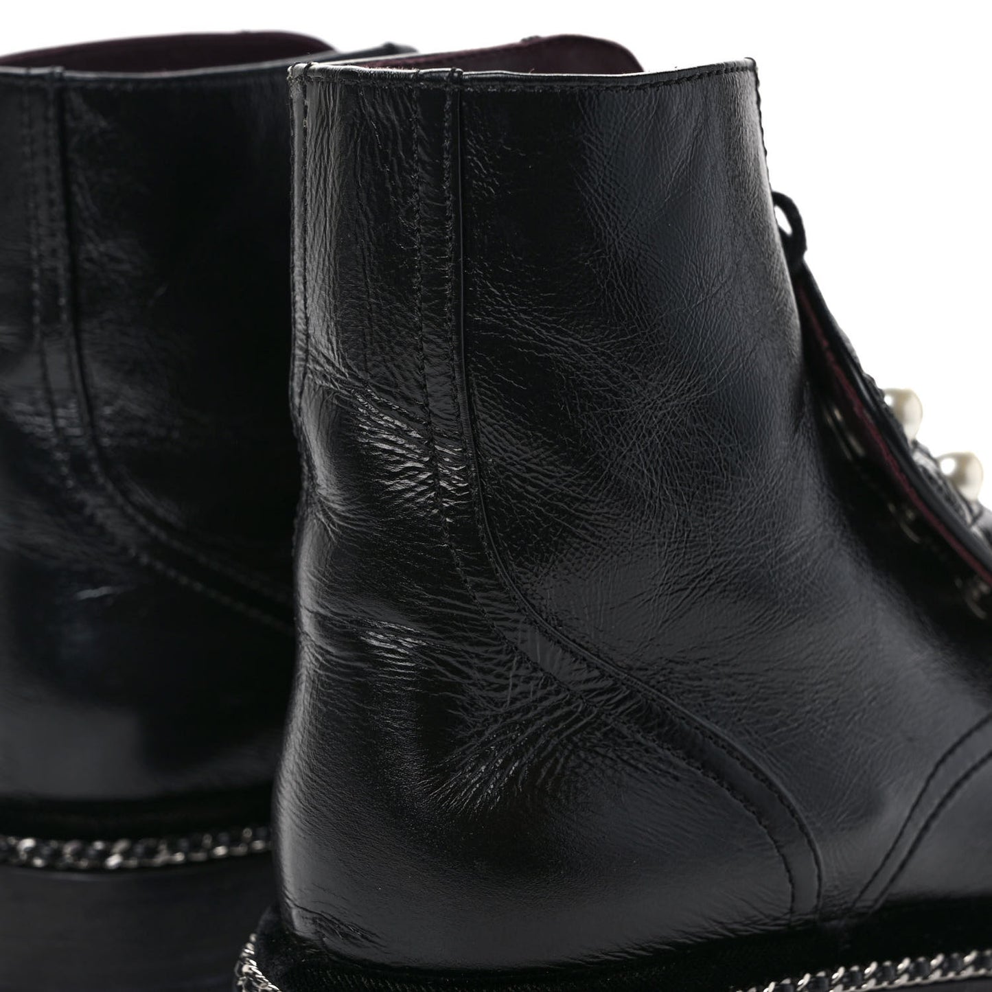 Crackled Calfskin Velvet Pearl Combat Short Boots 36.5 Black