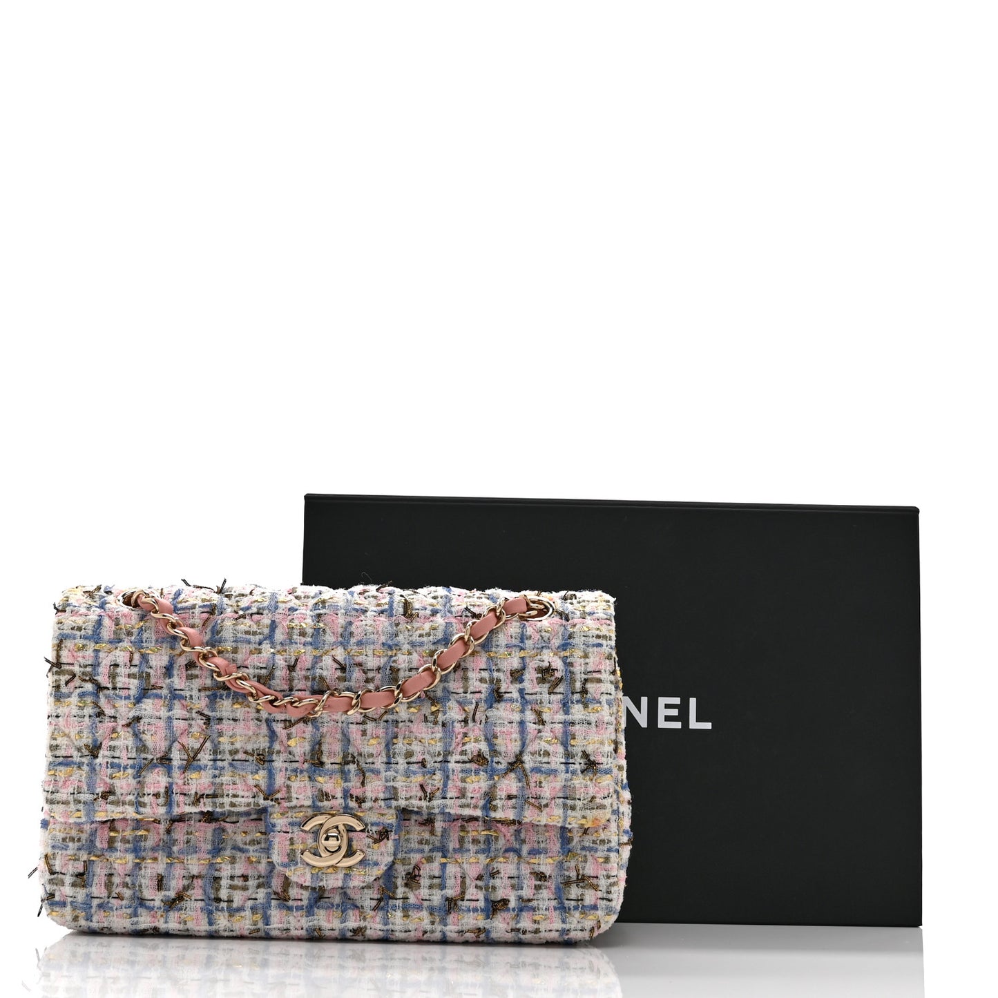 Tweed Quilted Medium Double Flap Blue Pink Gold White