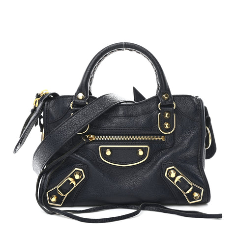 Chevre Gold Metallic Edge Hardware Mini City  Bleu Nuit Dark Sea