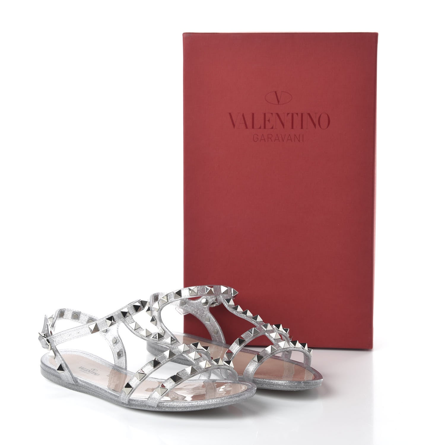Valentino Garavani PVC Jelly Glitter Rockstud T-Strap Slingback Flat Sandals 35 Silver 8 of 8