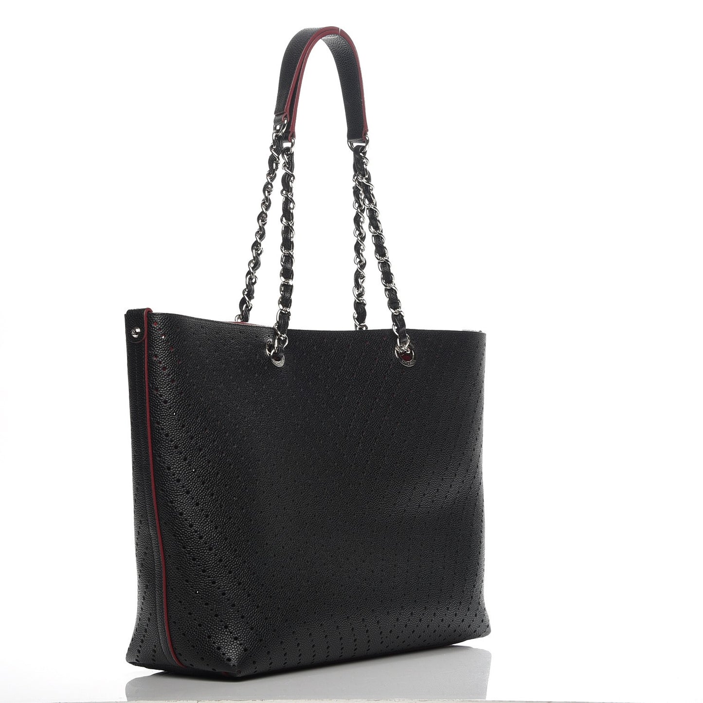 Perforated Grained Calfskin Large Shopping Tote Black