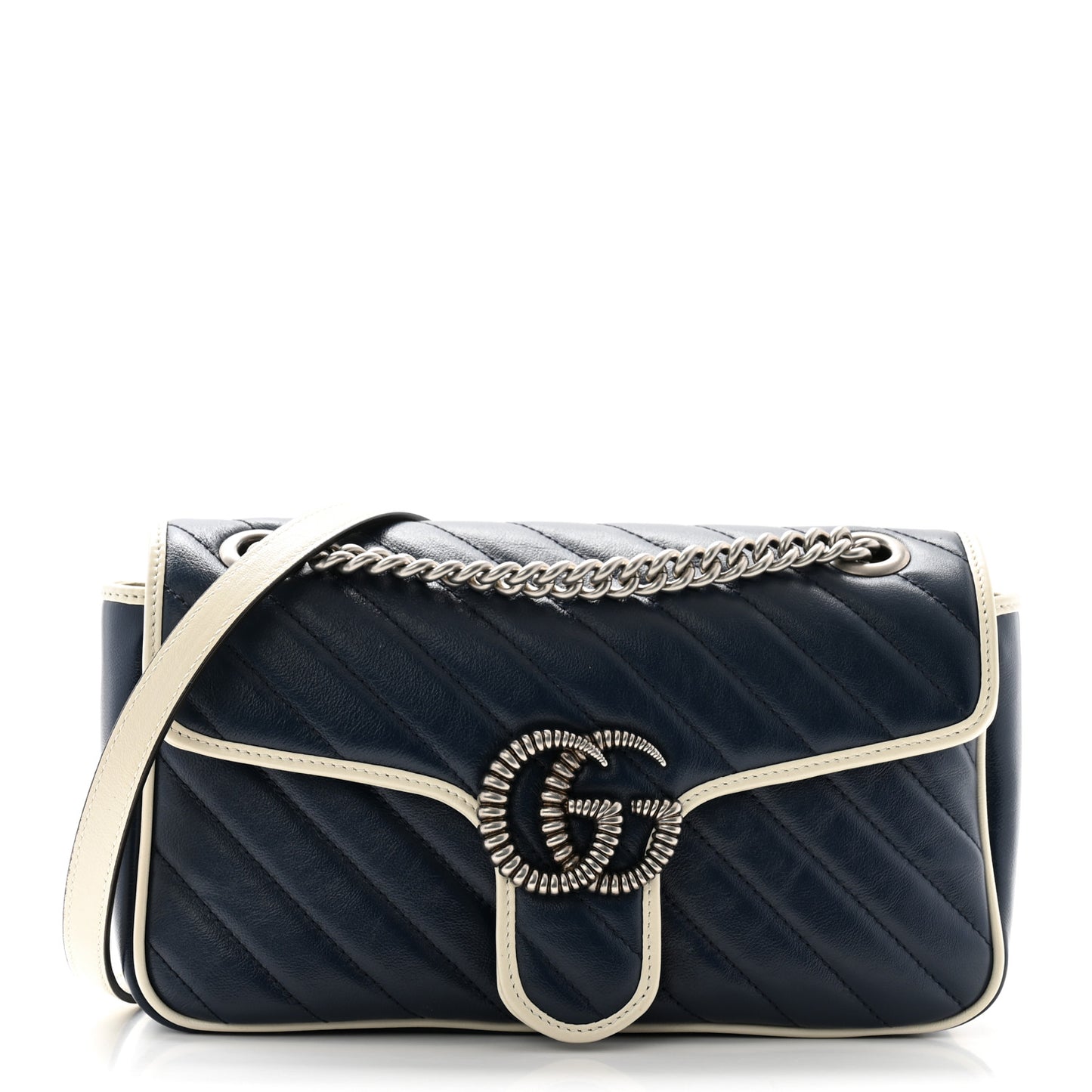 Vintage Effect Calfskin Matelasse Diagonal Small Torchon GG Marmont Shoulder Bag Blue Agata Mystic White