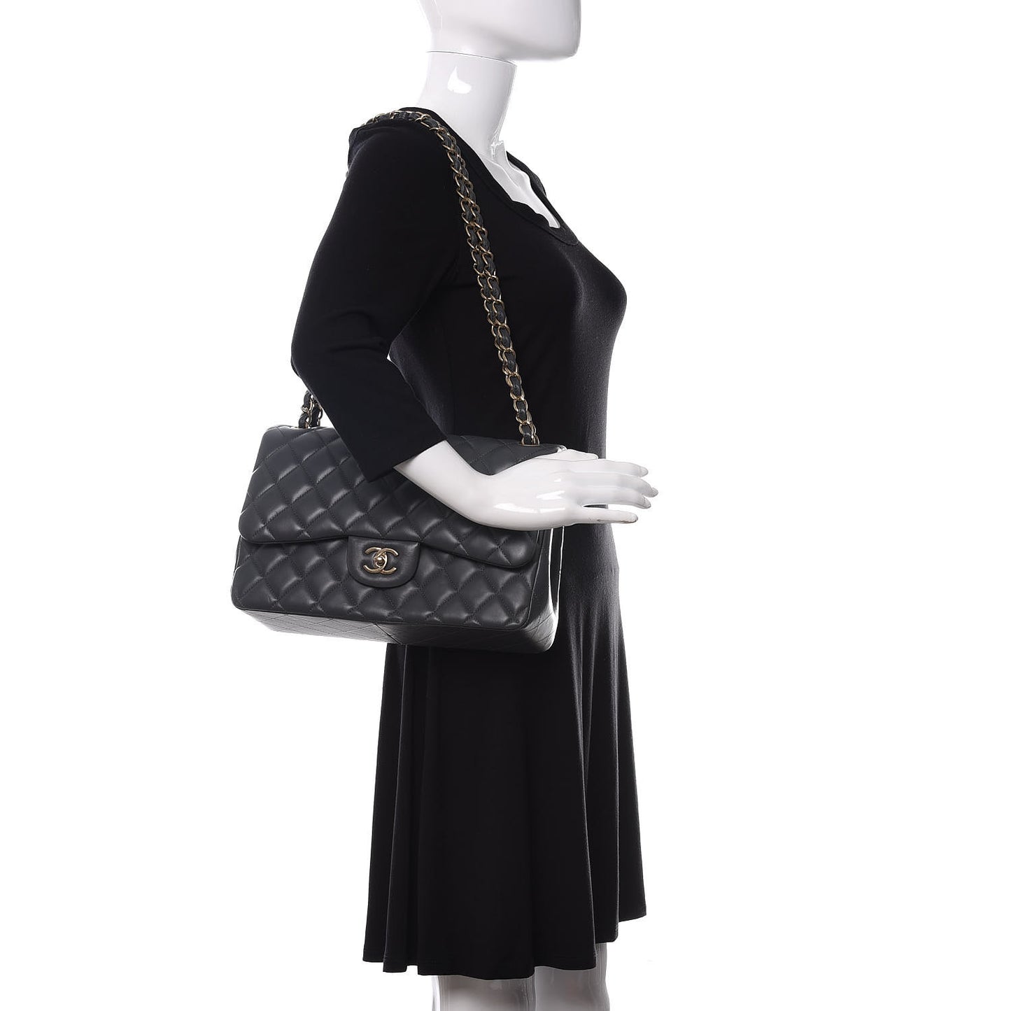 Lambskin Quilted Jumbo Double Flap Charcoal Grey