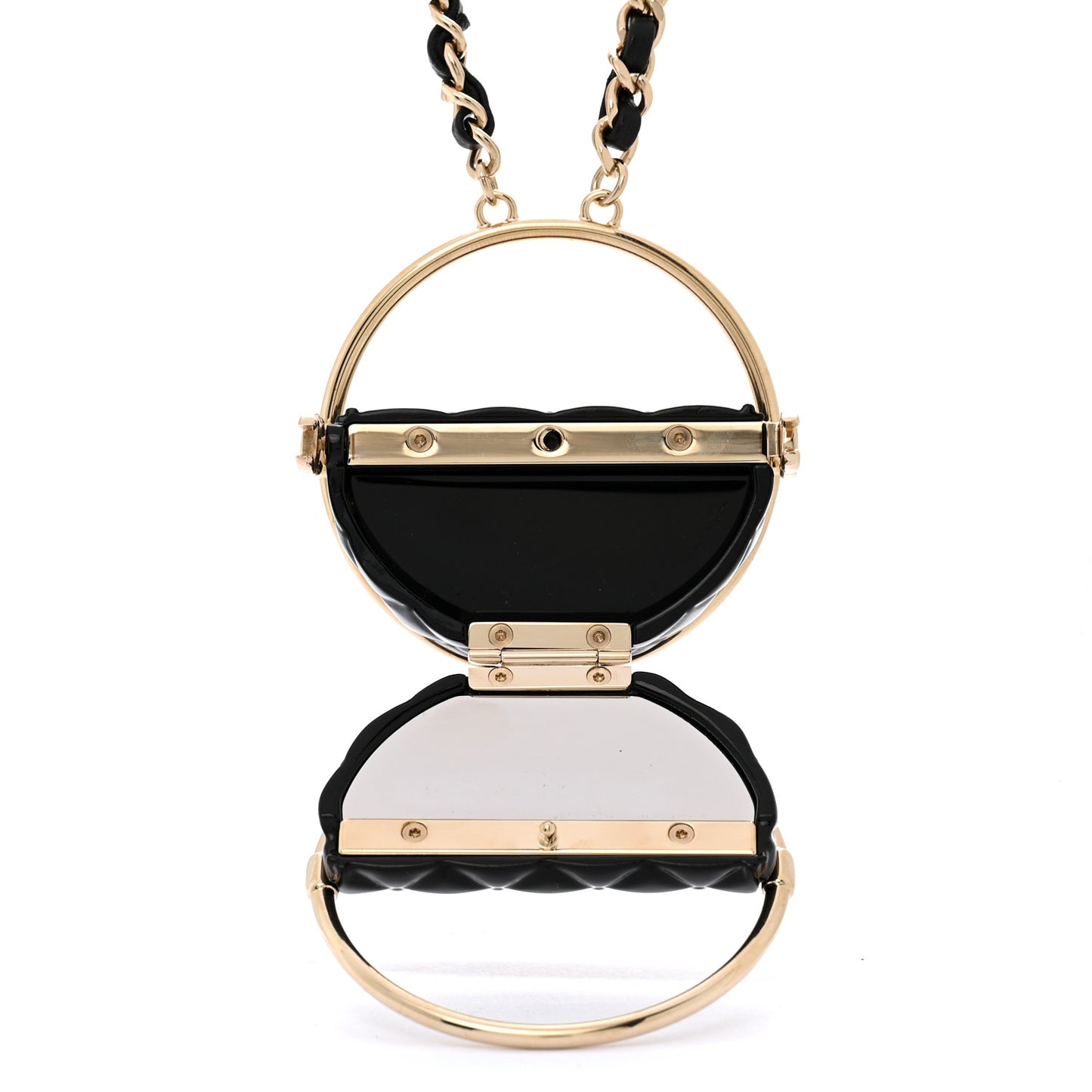 Metal Resin Quilted Flap Bag Hoop Mirror Necklace Black Gold