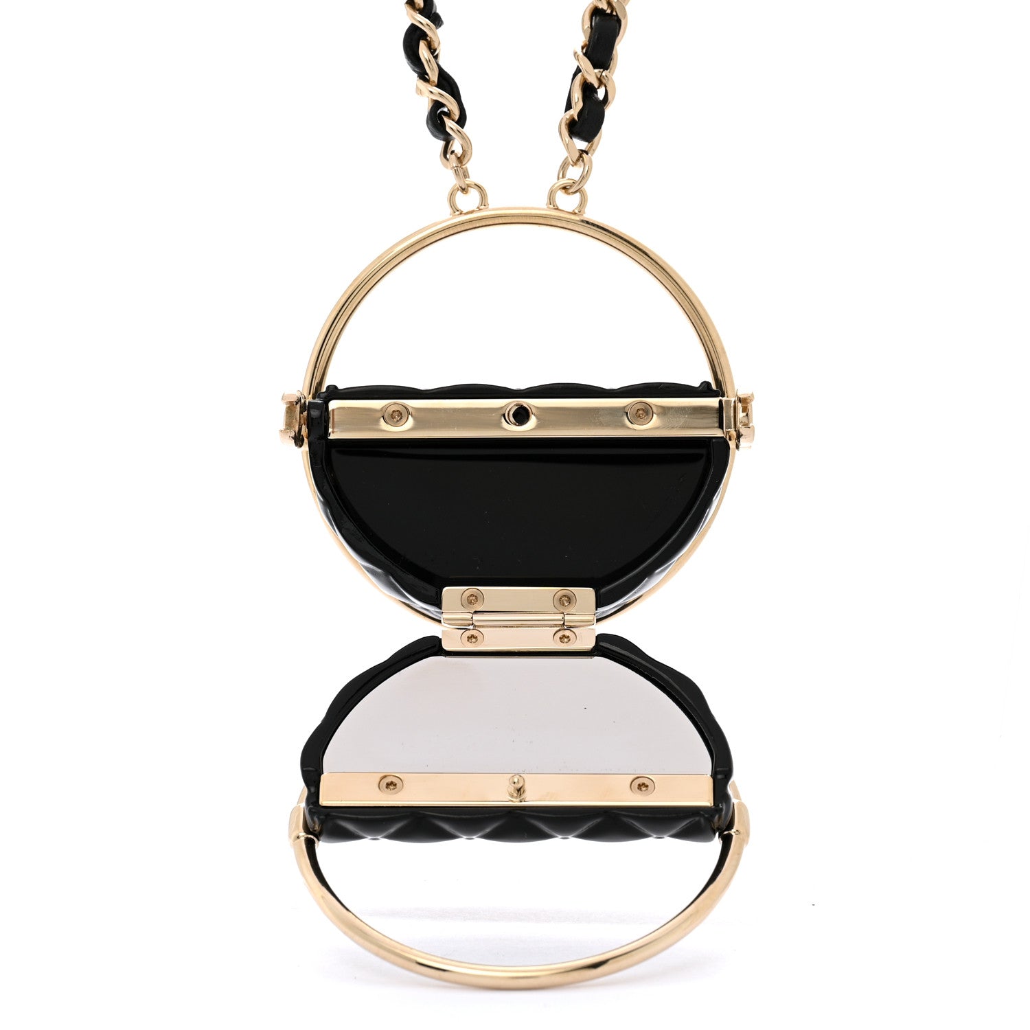 Chanel Metal Resin Quilted Flap Bag Hoop Mirror Necklace Black Gold 4 of 7