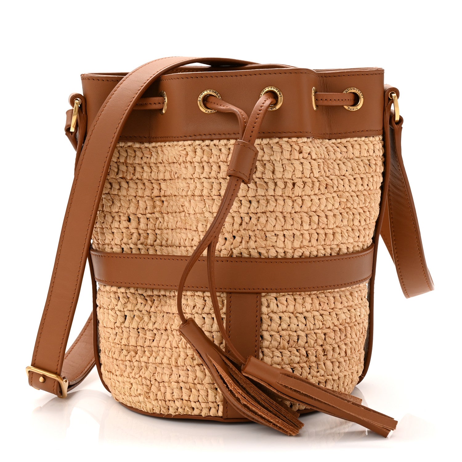 Saint Laurent Raffia Calfskin Seau Bucket Naturel Brick 1 of 10