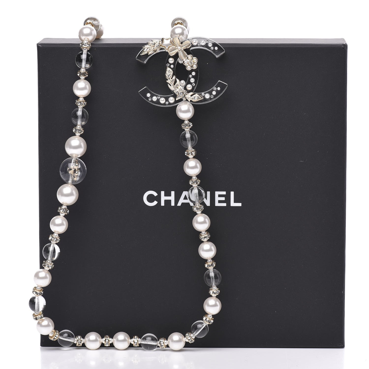 Chanel Resin Pearl Crystal CC Long Necklace Transparent Gold 6 of 6