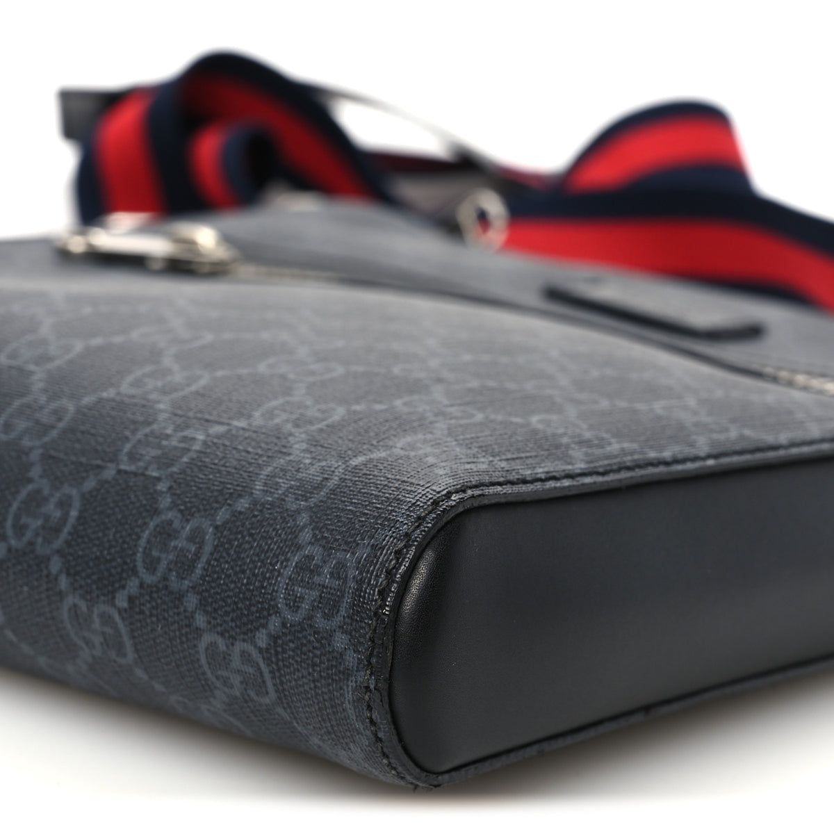 GG Supreme Monogram Appia Calfskin Web Flat Messenger Bag Black Grey