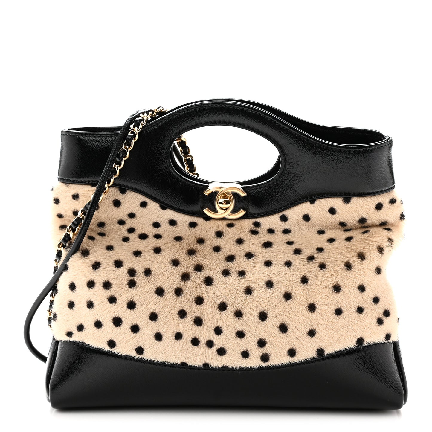 Shiny Lambskin Pony Hair Cheetah Printed Mini 31 Shopping Bag Light Beige Black