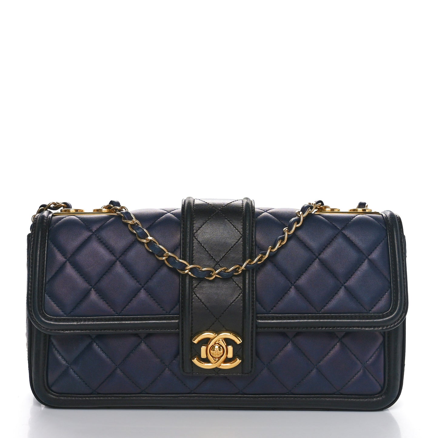 Calfskin Quilted Large Elegant CC Flap Navy Black