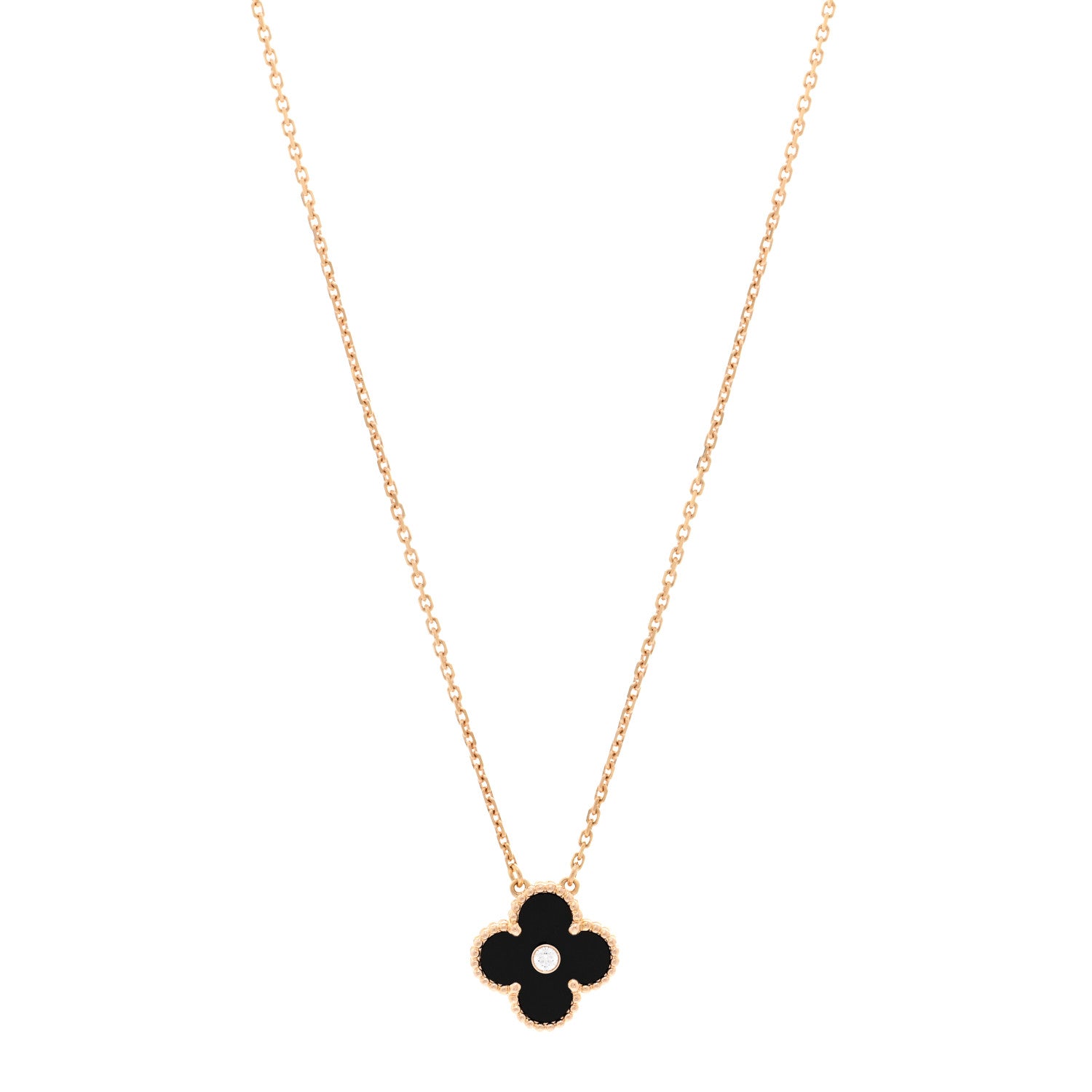 Van Cleef & Arpels 18K Rose Gold Diamond Black Onyx Vintage Alhambra Pendant Necklace 1 of 5