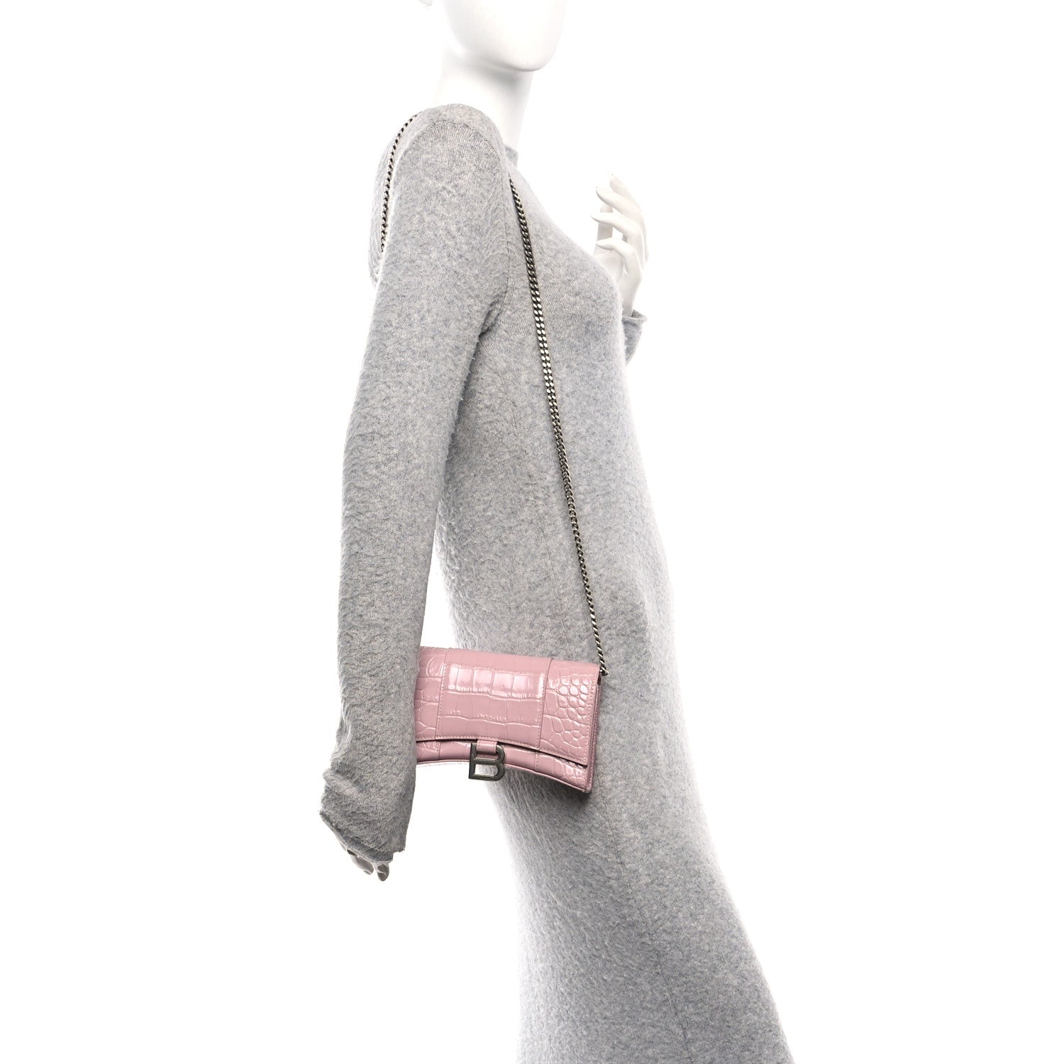 Balenciaga Shiny Calfskin Crocodile Embossed Hourglass Chain Bag Powder Pink 2 of 9