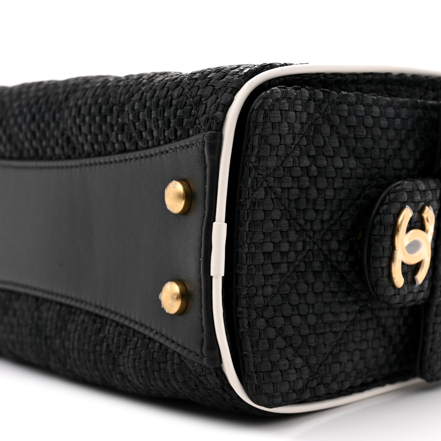 Braided Raffia Calfskin Mini Chanel 25 Handbag Black White