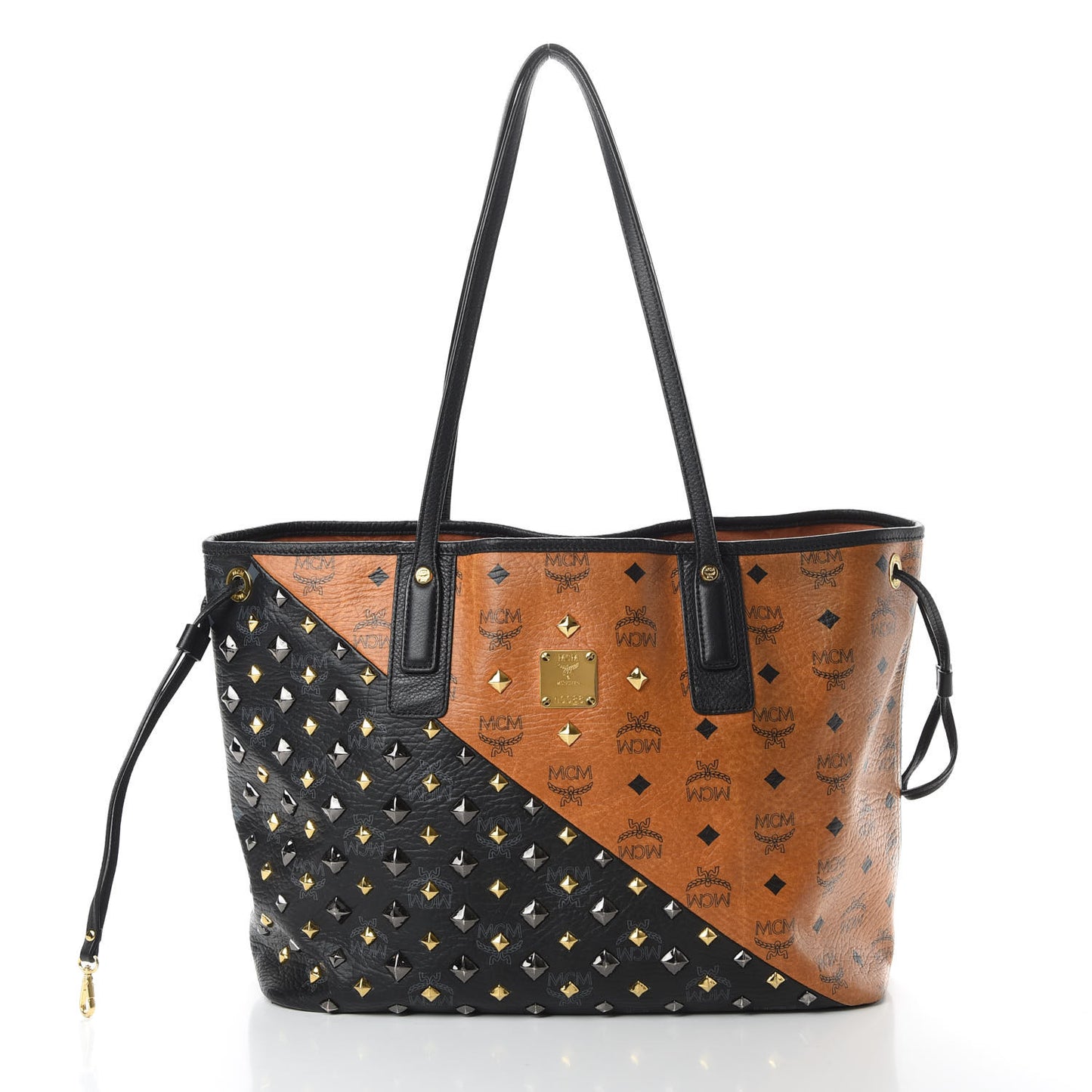 Visetos Studded Medium Bi-Color Shopper Tote Black Cognac