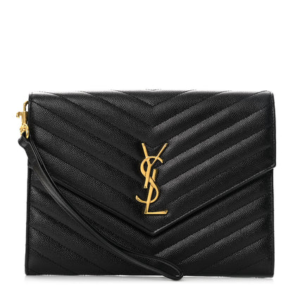 Saint Laurent Grain De Poudre Matelasse Chevron Monogram Envelope Clutch Black 1 of 10