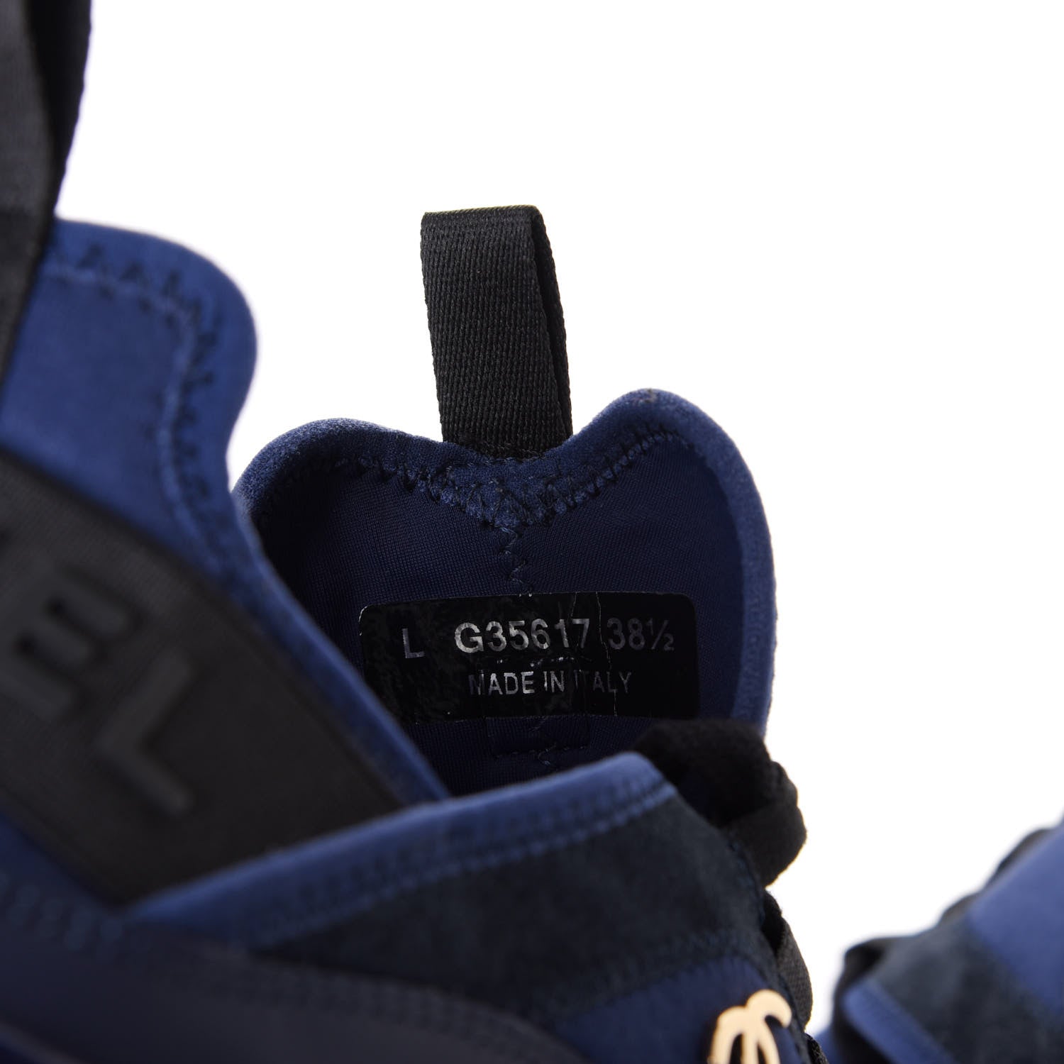 Chanel Fabric Calfskin Suede CC Sneakers 38.5 Navy Black 9 of 10