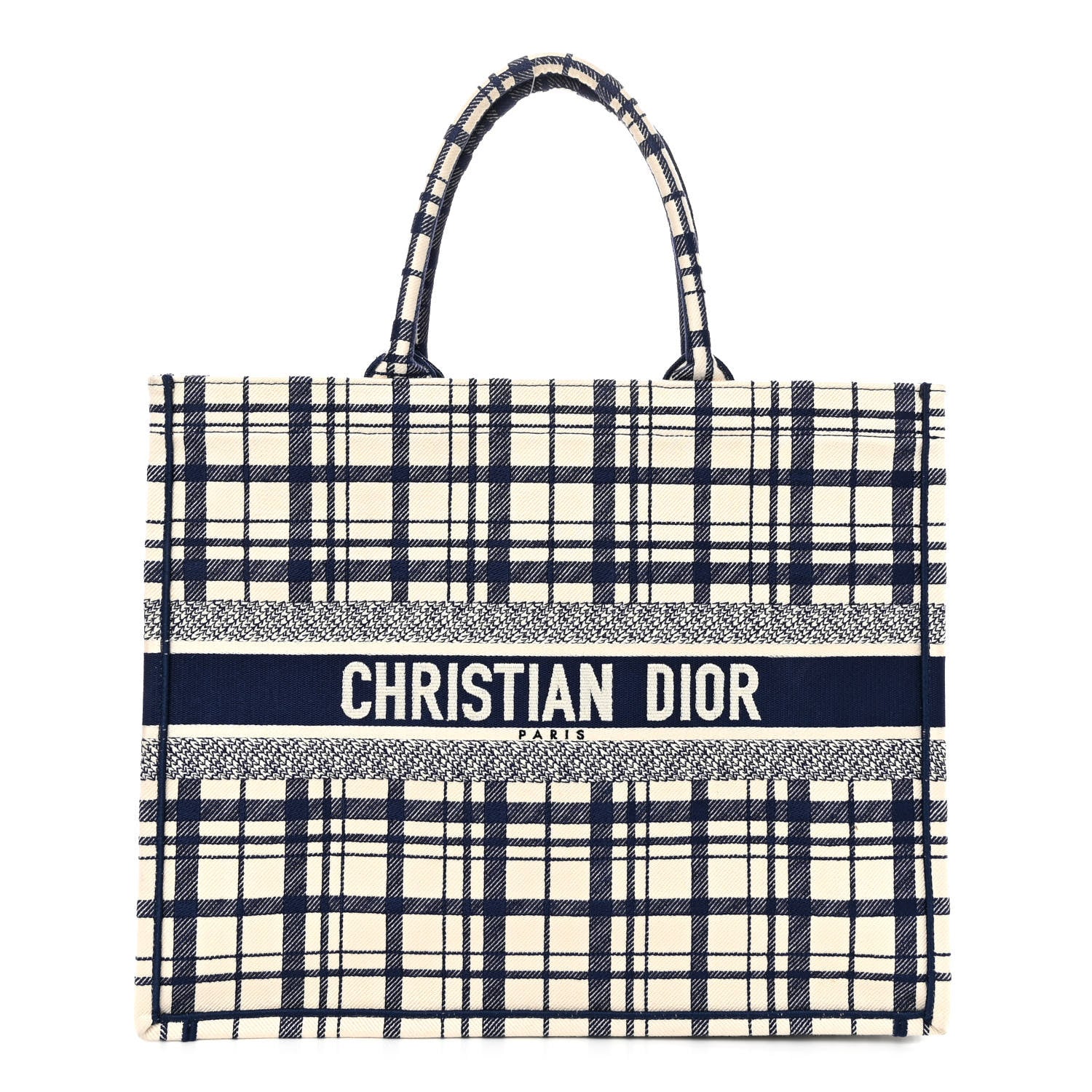 Christian Dior Canvas Embroidered Large Plaid Book Tote Navy 1 of 10