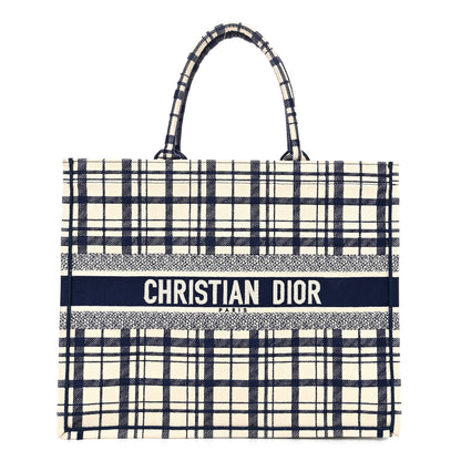 Christian Dior Canvas Embroidered Large Plaid Book Tote Navy 1 of 10
