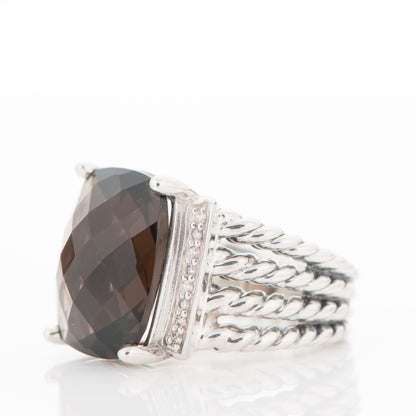 David Yurman Sterling Silver Diamond Wheaton 16mm Smoky Quartz Ring 54 7 3 of 5