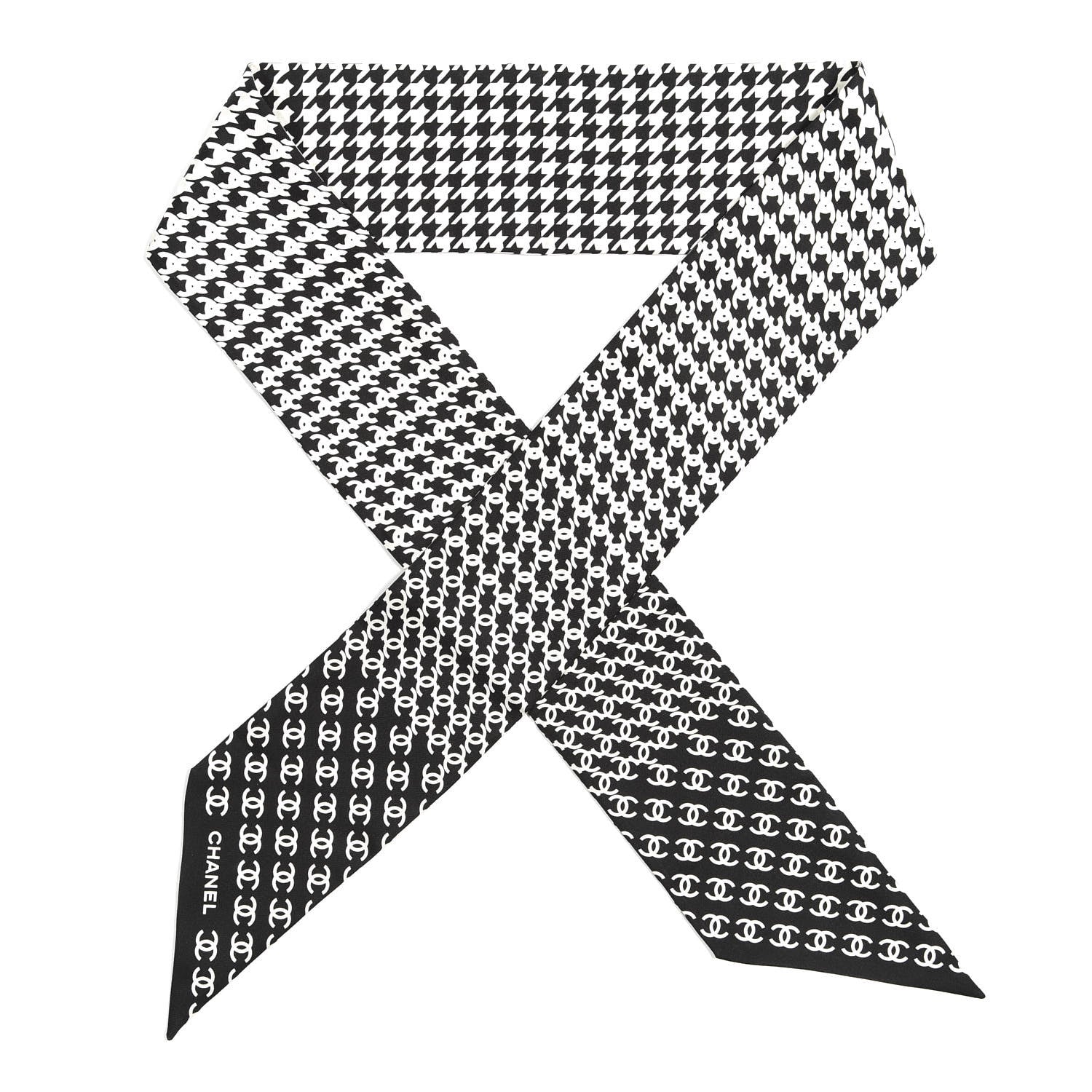 Chanel Silk Twill Houndstooth Slim Bandeau Scarf Black Ecru 1 of 3