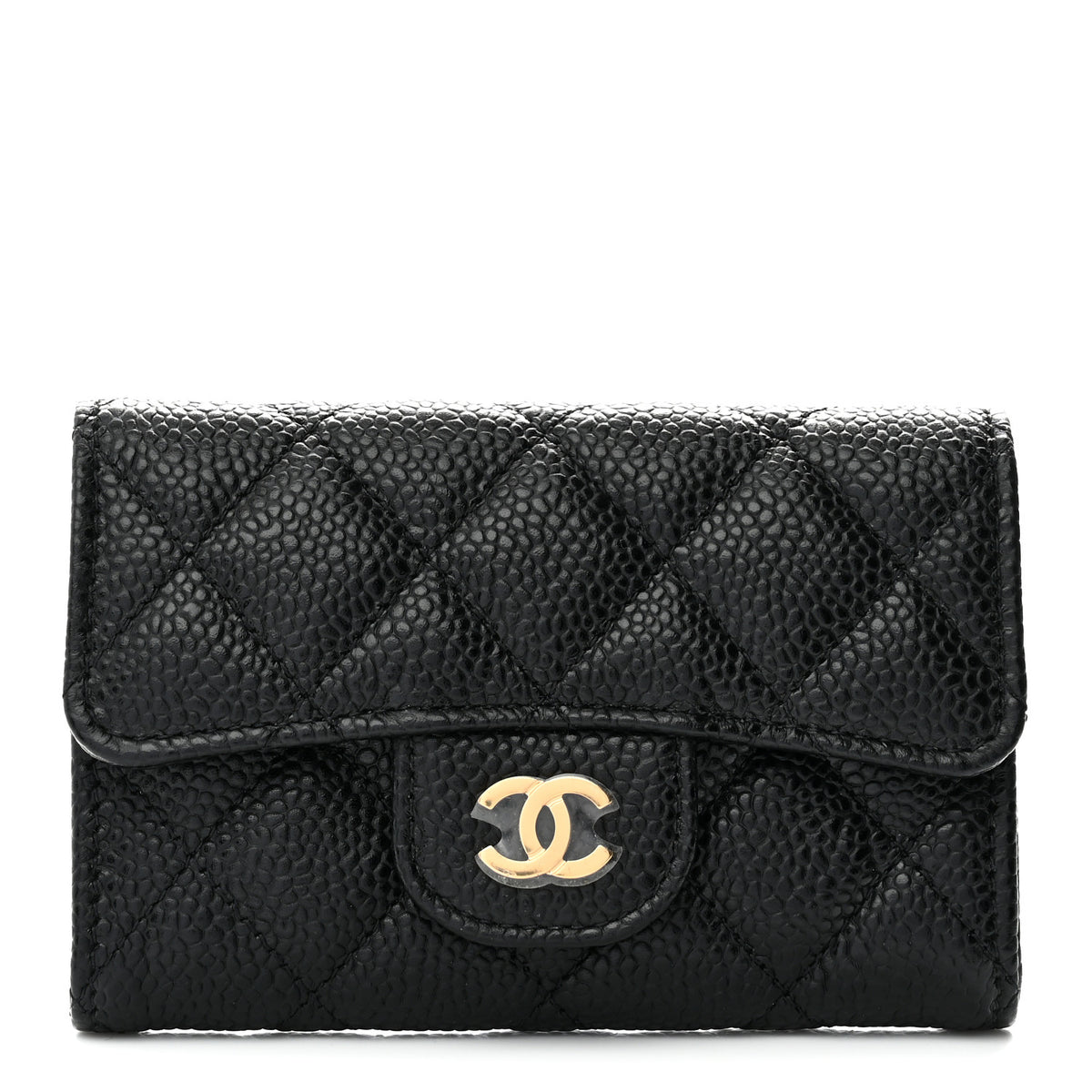 Caviar Quilted Flap Card Holder Wallet Black