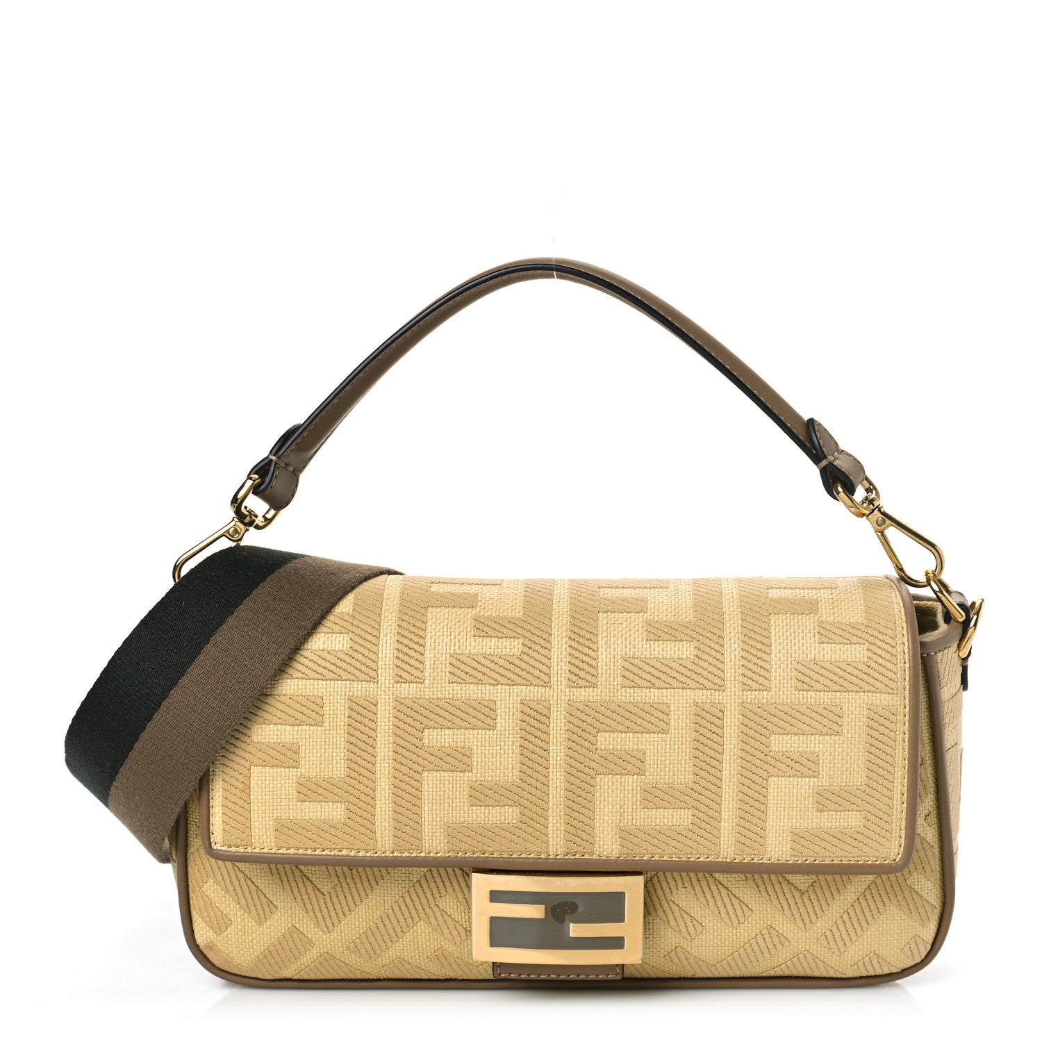 Fendi Raffia Vitello King Lucido FF Embroidered Baguette Grano Sand 1 of 7