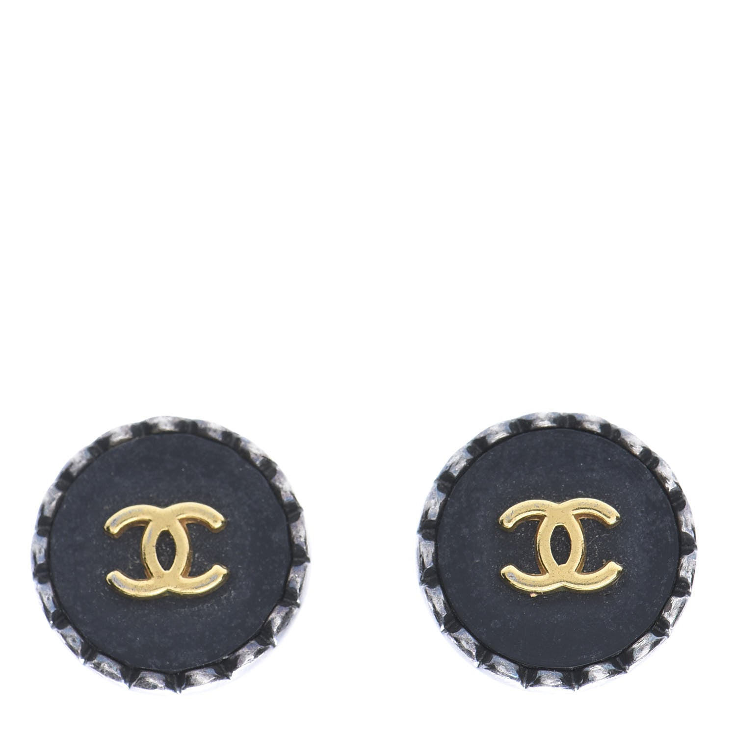 Chanel Ruthenium CC Round Clip On Earrings Gold Black 1 of 4