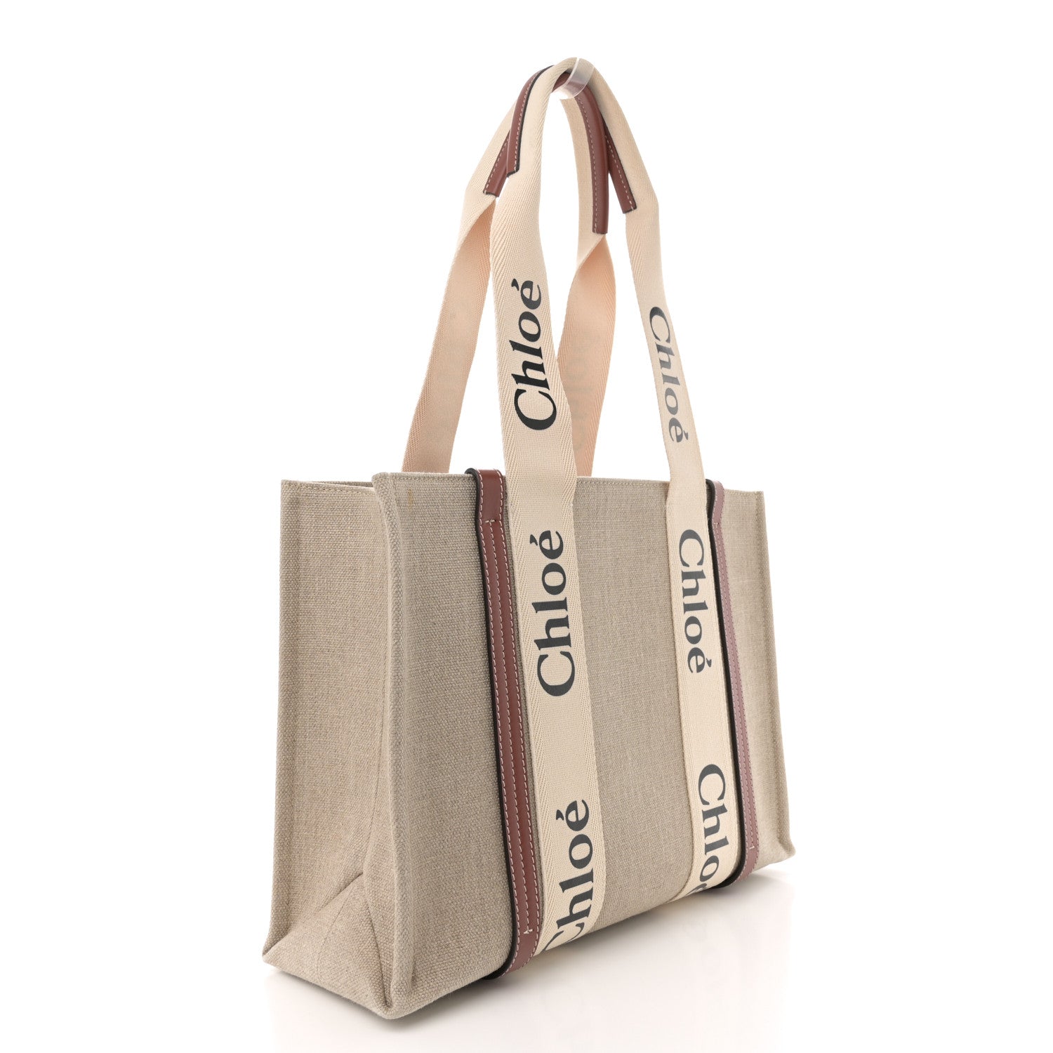 Chloe Linen Calfskin Medium Woody Ribbon Tote White Brown 3 of 10