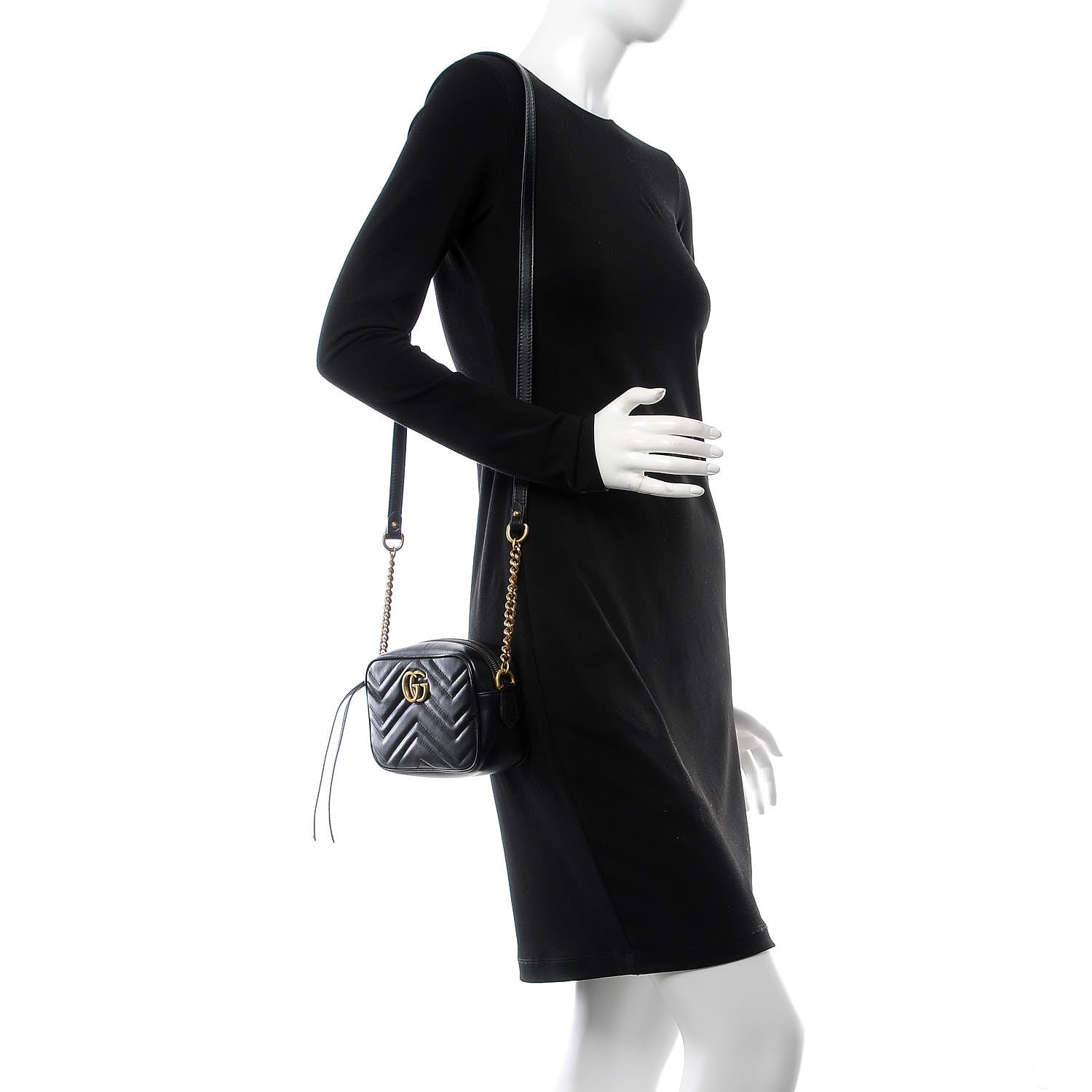 Gucci Calfskin Matelasse Mini GG Marmont Chain Shoulder Bag Black 2 of 7