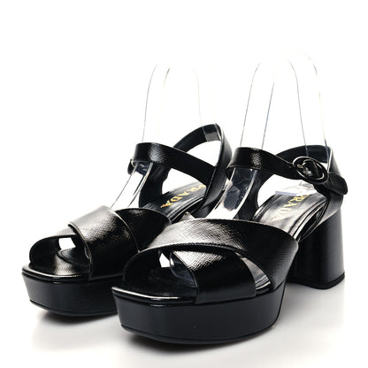 Prada Vernice Saffiano Embossed Crisscross Platform 20/65mm Sandals 37 Black 3 of 8