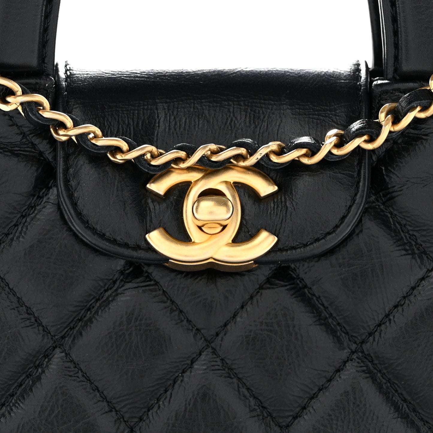 Shiny Aged Calfskin Quilted Mini Nano Kelly Shopper Black