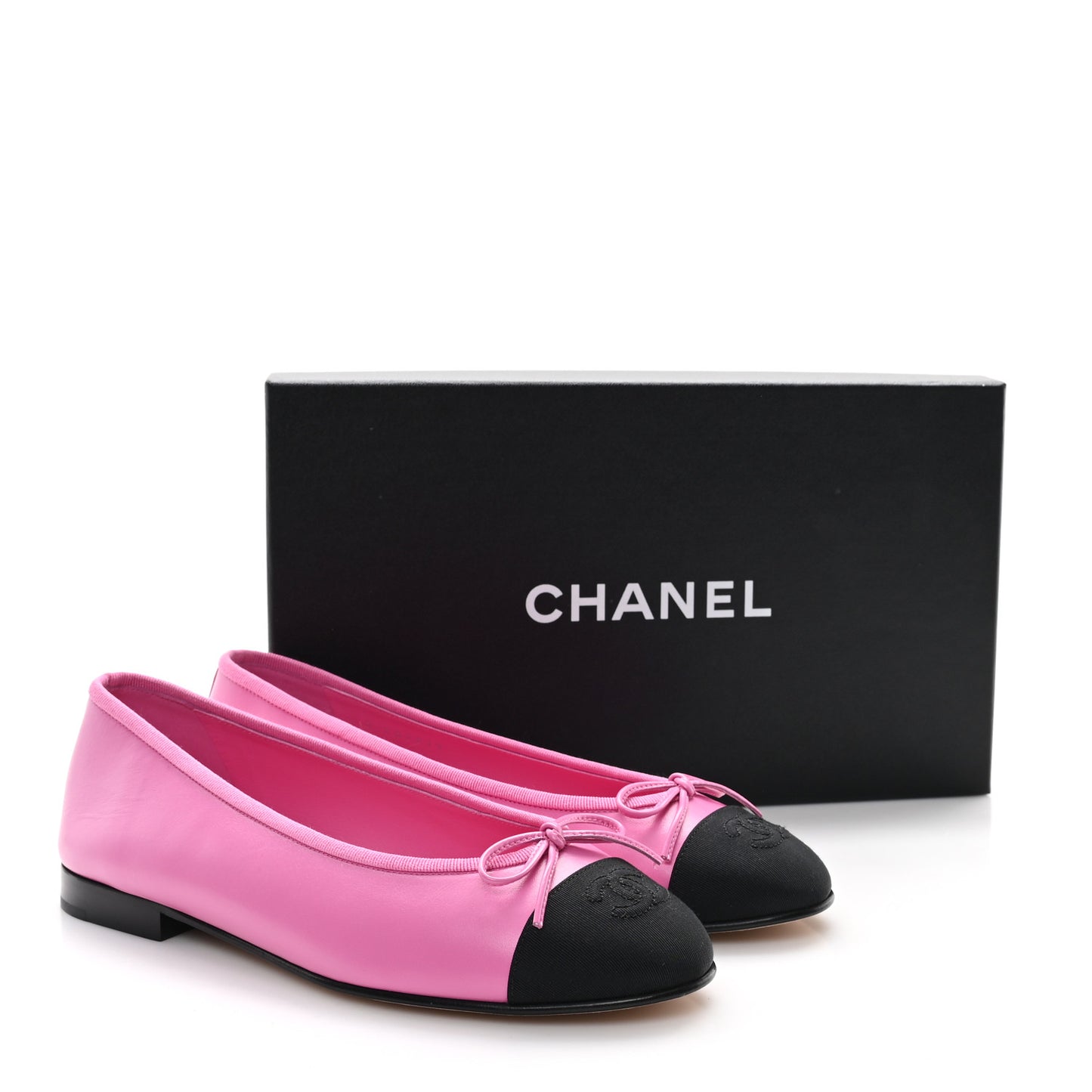Calfskin Grosgrain Cap Toe CC Ballerina Flats 38 Pink Black