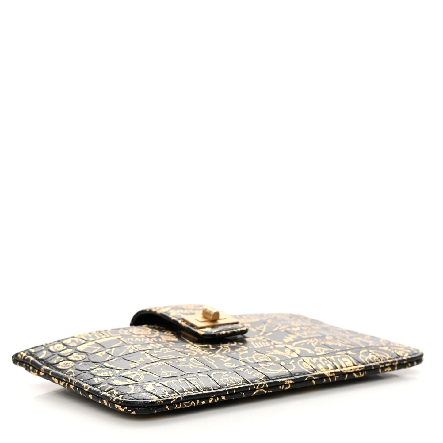 Calfskin Crocodile Embossed Graffiti 2.55 Cocodile Reissue Strap Pouch Black Gold