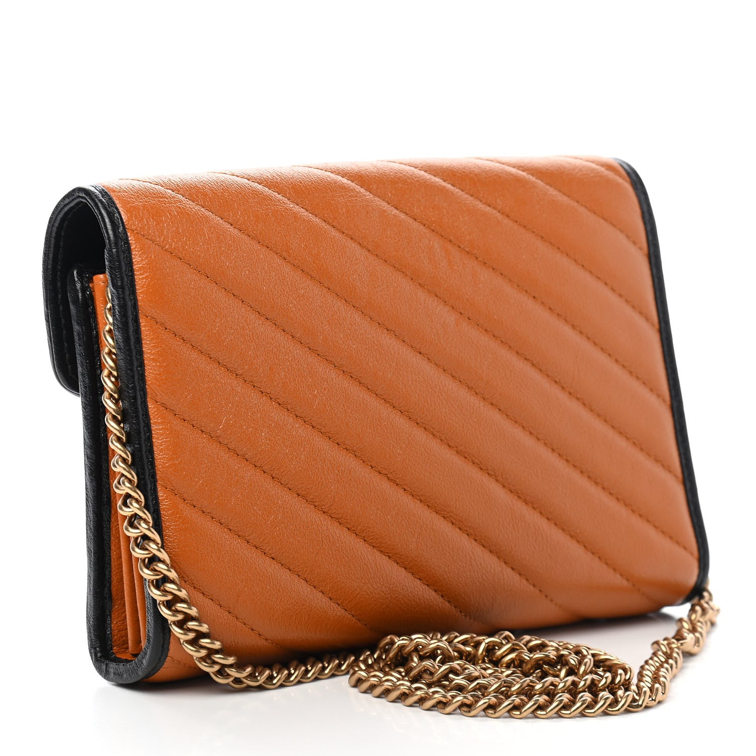 Gucci Vintage Effect Calfskin Matelasse Diagonal Torchon GG Marmont Chain Wallet Cognac 3 of 11