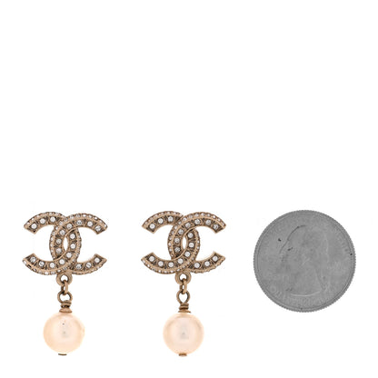 Chanel Crystal Timeless CC Pearl Drop Earrings Light Gold 2 of 5