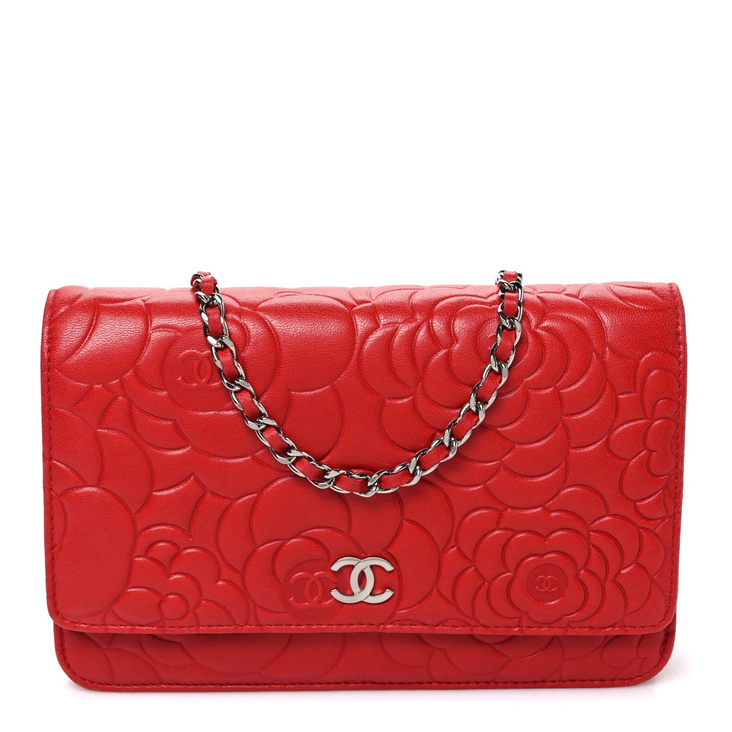 Lambskin Camellia Embossed Wallet on Chain WOC Red