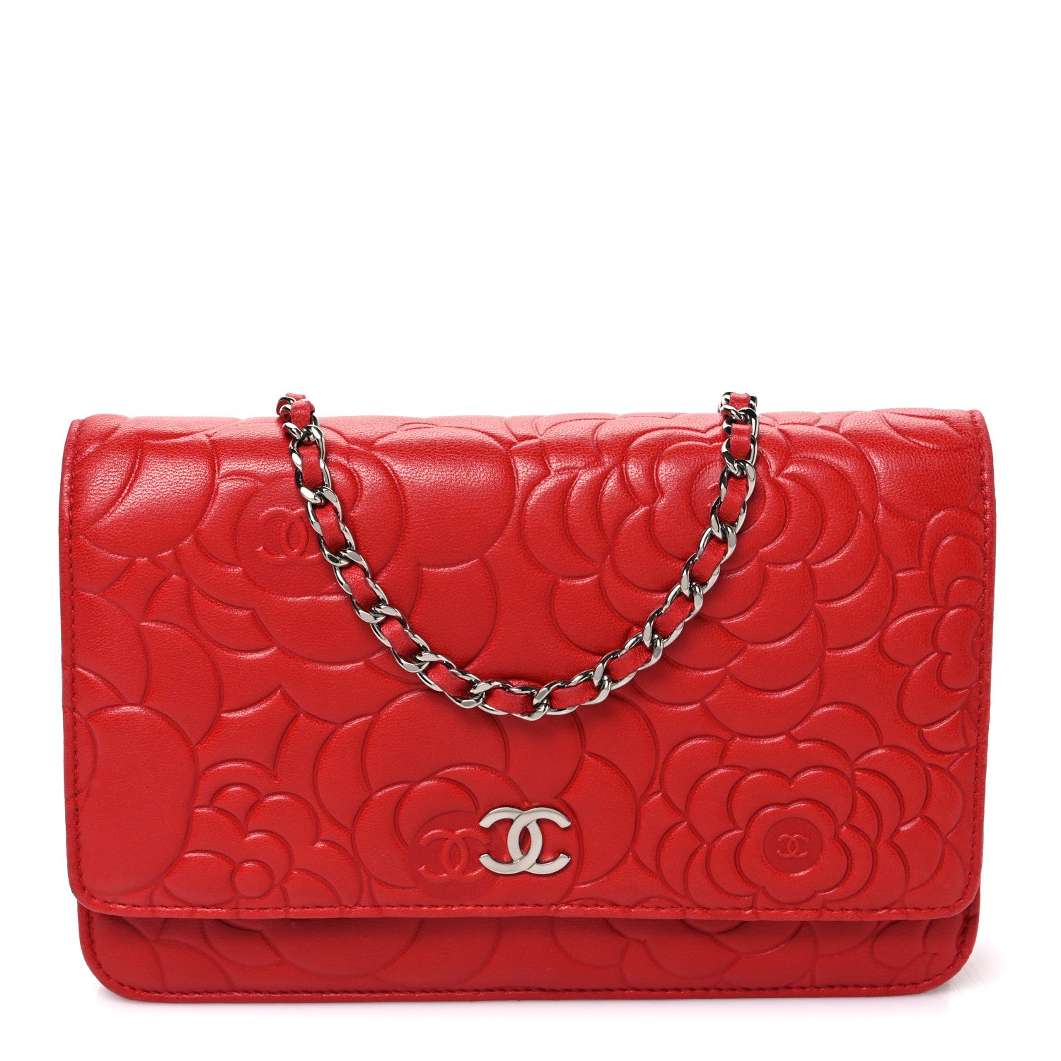 Chanel Lambskin Camellia Embossed Wallet on Chain WOC Red 1 of 10