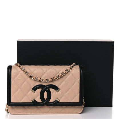 Chanel Caviar Quilted CC Filigree Wallet On Chain WOC Beige Black 12 of 12