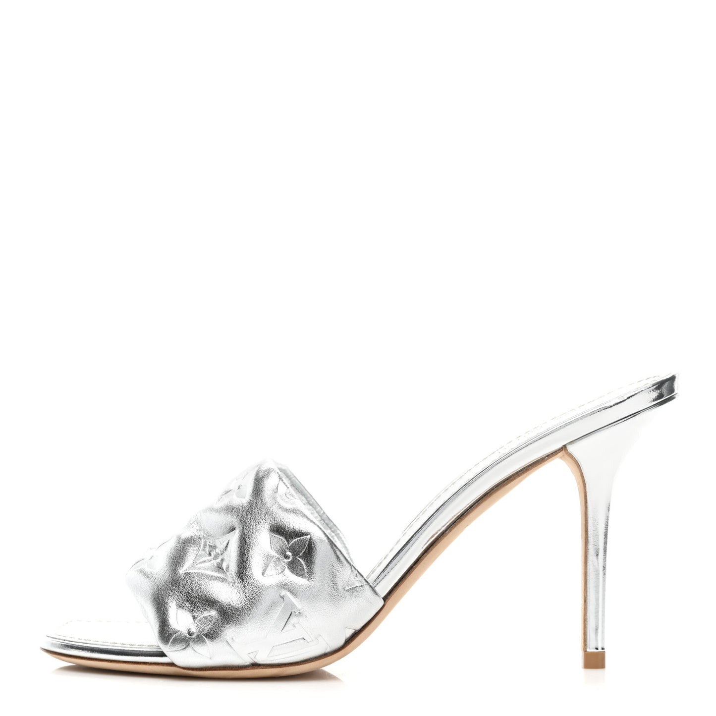 Metallic Lambskin Embossed Monogram Revival High Heel Mules 39 Silver
