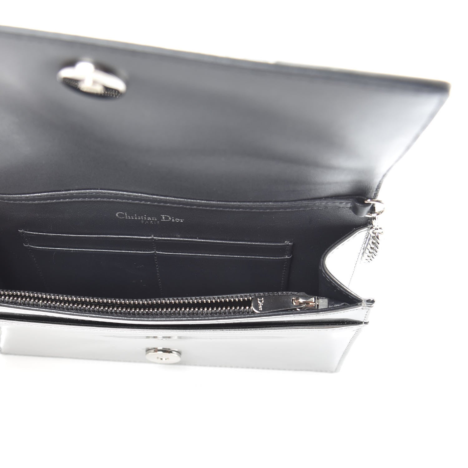 Christian Dior Metallic Patent Micro-Cannage Diorama Wallet on Chain Pouch Silver 5 of 8